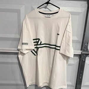 Lacoste Men's Cream T-Shirt with Green Stripes